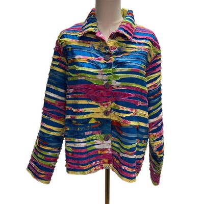 Vintage 90's Keren Hart Rainbow Striped Cotton Jacket Womens Large Bright Artsy