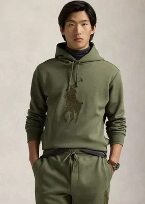 Polo Ralph Lauren Men’s Double Knit Leather Stitched Big Pony Hoodie Olive NWT M - Image 1 of 4