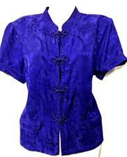 Vtg 90s Monsoon Silk brocade Blouse Sz 8 royal blue Short Sleeve Asian Style
