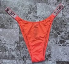 VICTORIA'S SECRET ORANGE SATIN SMOOTH RHINESTONE SHINE STRAP BRAZILIAN PANTIES