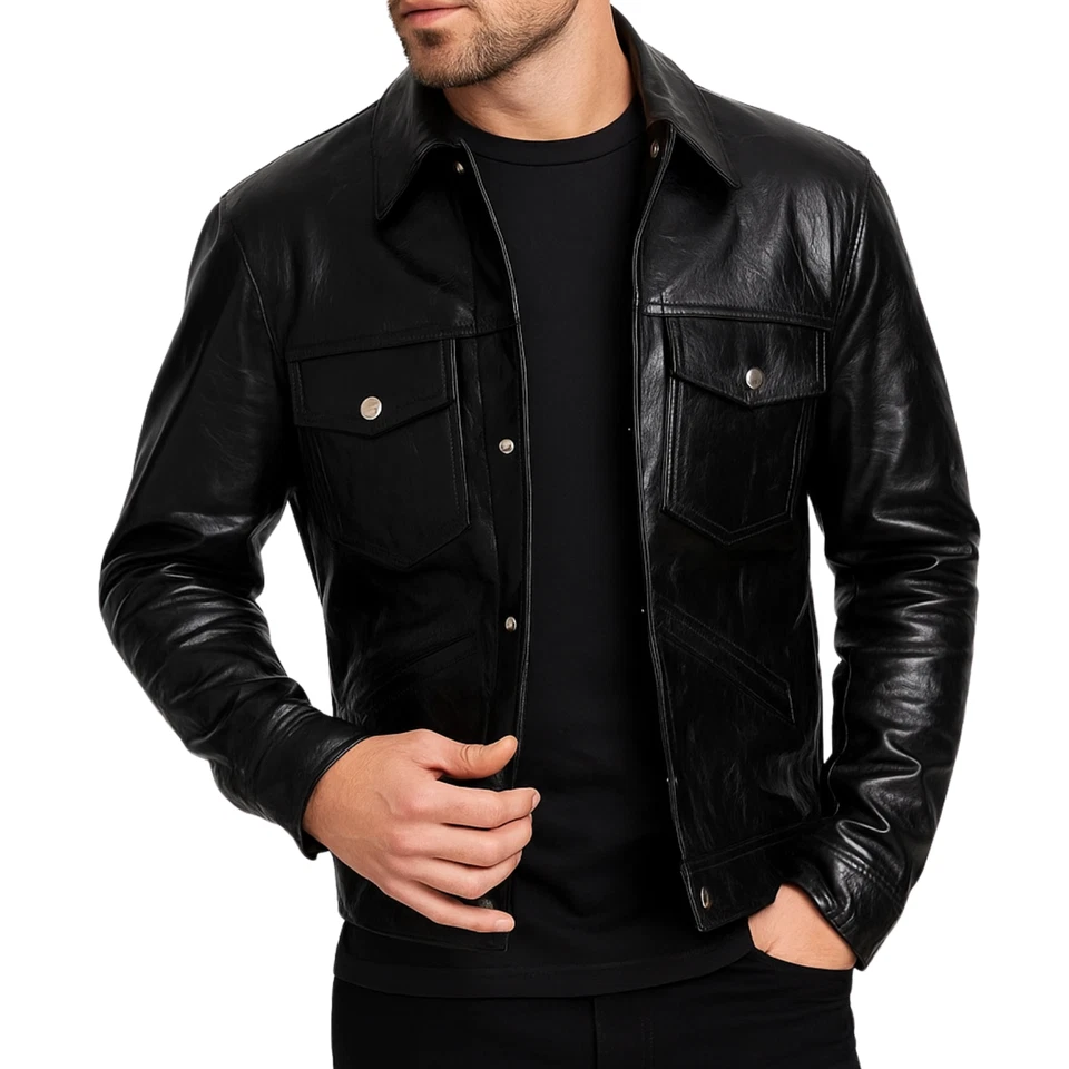 Mens Cafe Racer Biker Real Leather Jacket Vintage Style Lambskin Outerwear Coat - Image 2 of 4