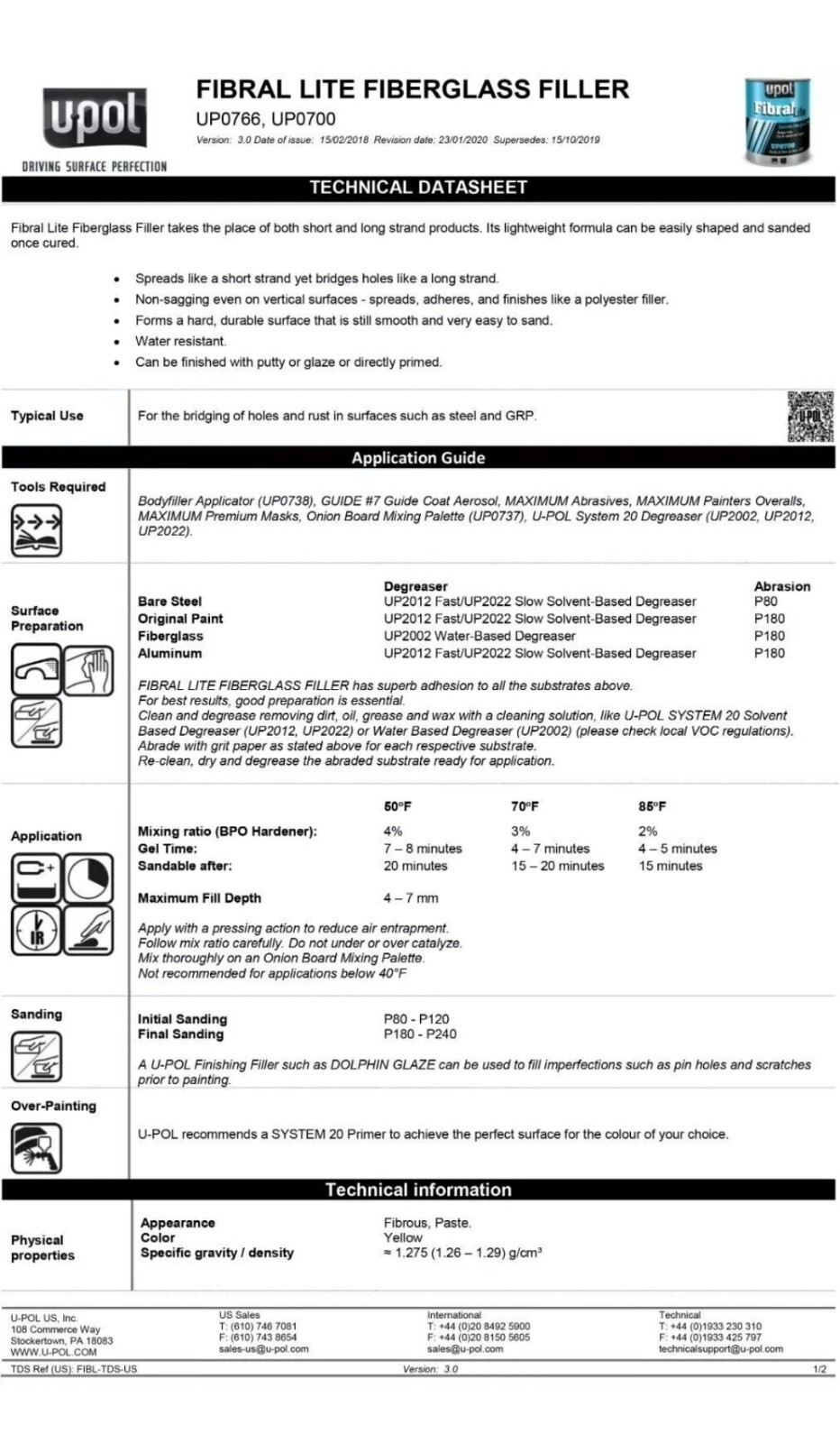 UPOL UP0700 Fibral Lite Sandable Fiberglass Filler 3 Liter UPOL FREE