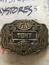 Vintage TONY Brass Belt Buckle approx 5oz. 3" wide - name personalized Oden Inc.