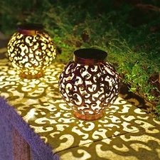 Large Solar Lanterns 2 Pack Outdoor Waterproof LED Metal Hanging Brown 