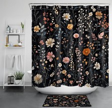 Botanical Leaf Pink Wildflower Black Shower Curtain Bathroom Accessories Set