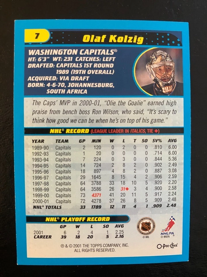 Olaf Kolzig 2001-02 O-Pee-Chee Hockey Heritage #7 Washington Capitals - Image 2 of 2