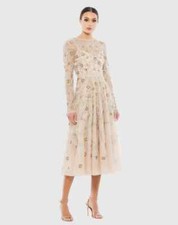 Mac Duggal 10799 Beaded Floral Long Sleeve Cocktail Midi Dress-Size 8 -