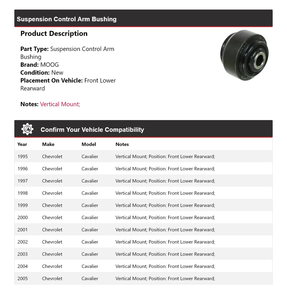 For 1995-2005 Chevrolet Cavalier Suspension Control Arm Bushing MOOG 1995 1996 - Image 2 of 4