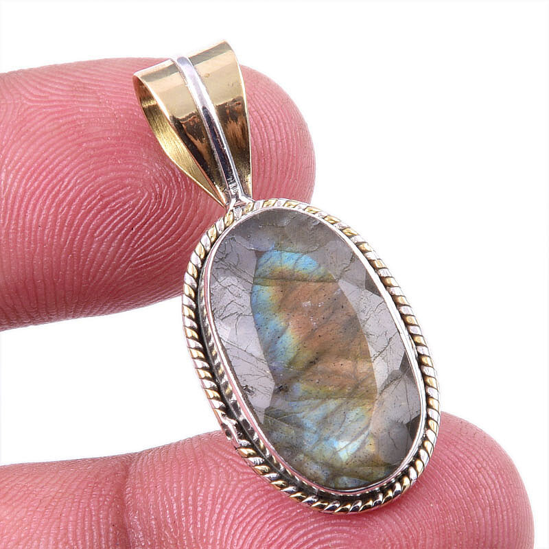 Natural Labradorite 925 Sterling Silver Two-Tone Pendant 1.50 Inch