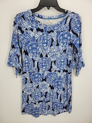 Lilly Pulitzer Dress Womens XS Blue White Turtle Print Boat Neck Strech Sheath