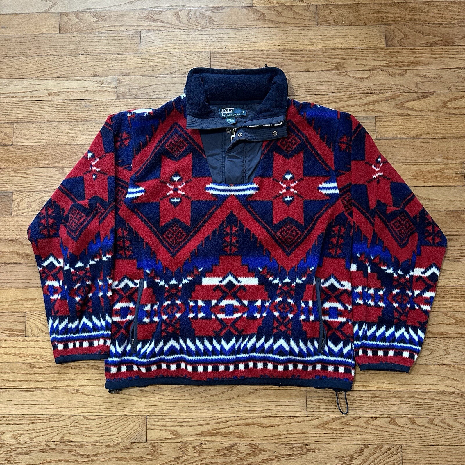 Vintage Polo Ralph Lauren Aztec Jacket Mens Large Southwest Pattern Hidden Hood