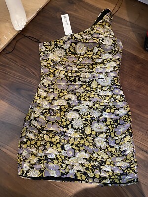Zara one shoulder mix yellow floral rushed mini dress size S #8