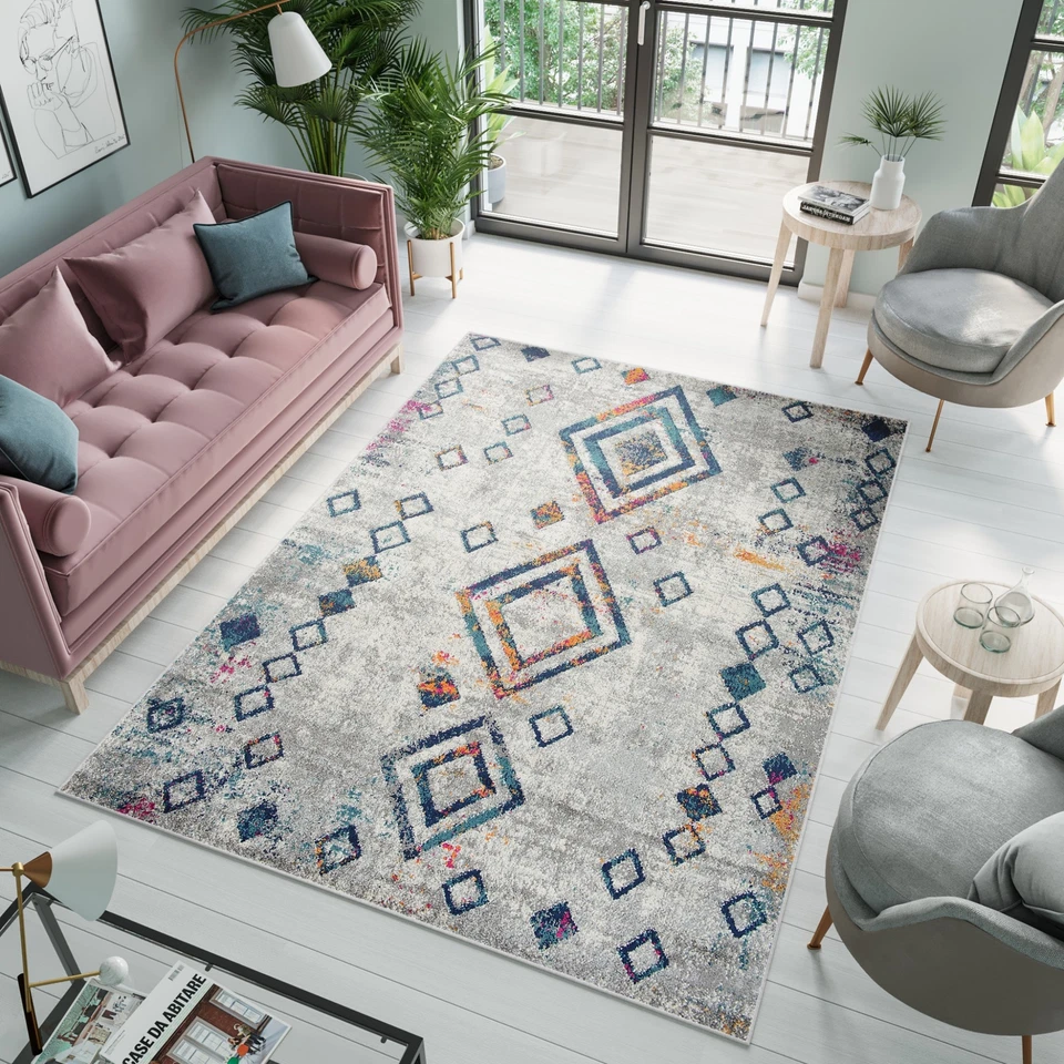 TAPISO Tappeto pelo corto arancione grigio blu quadrato geometrico camera da letto soggiorno