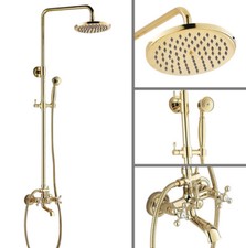 Gold Color Brass 8"Rainfall Bathroom Shower Faucet Tub Mixer Tap W/ Hand Shower