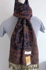 Pashmina Scarf Shawl Wrap-Paisley Brown Dark-Navy Silk Cashmere.Soft*011