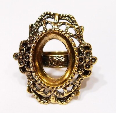 6 of 18x13mm Antique Gold Victorian Deco Lacy Flowers Adjustable Ring Settings