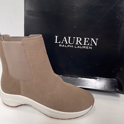 Lauren Ralph Suede Nubuck Women 9 Boots Lester Beige Rylee Chelsea Ankle NEW