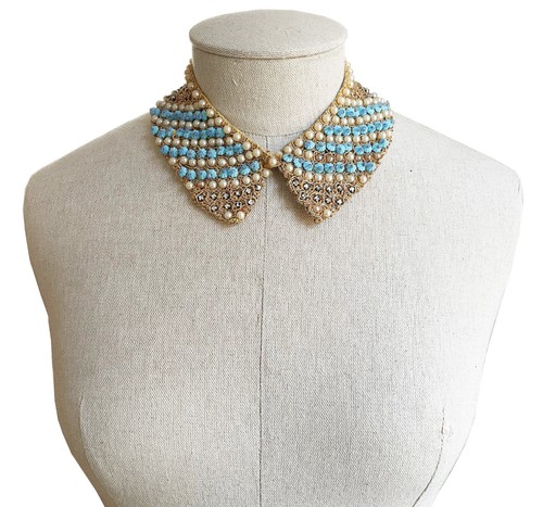 Vintage Necklace Collar Hand-Crocheted Beaded Gold Pearl Rhinestone Blue Bead - Picture 3 of 12