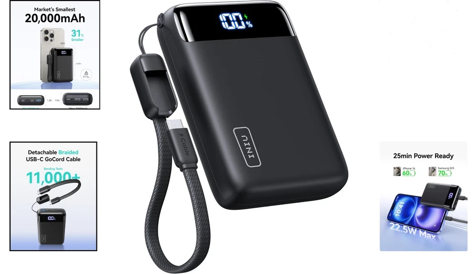 Cargador Portátil INIU, El Más Pequeño 22.5W 20000mAh USB C pulgadas y Tamaño Mini, Negro Foto 2 de 4