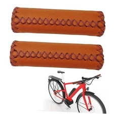 2 Pcs Brown Synthetic Leather Bike Handlebar Grips, Soft Comfortable Stitched 