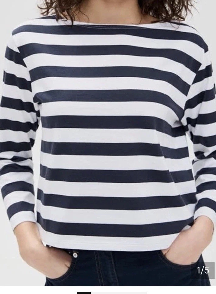 NEW THEORY Women's Striped Cotton Boatneck T-Shirt, Navy/White, Sz XL