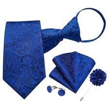 Mens Zipper Tie,Silk Paisley Solid Plaid Pre-tied Tie and Pocket Royal Blue