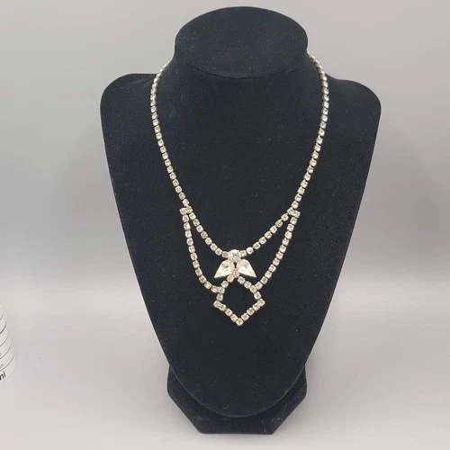 Vintage Rhinestone Necklace Estate Costume Jewelry Silver tone 16"