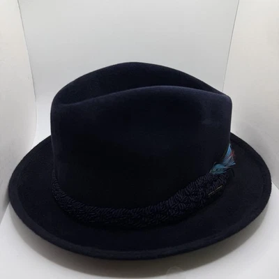 VTG Sovereign Stetson Western Hat Navy Fedora Feather Braided Rope Band 7 1/4 - Image 1 of 4