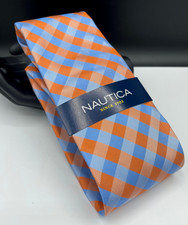 NAUTICA Men's 100 Silk Tie  Blue  Orange  Grid Geometric  NEW MSRP: 65.