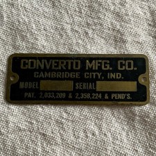 Vintage Converto Mfg Co Mosiężna tabliczka znamionowa Cambridge City IN Industrial Machine Tag