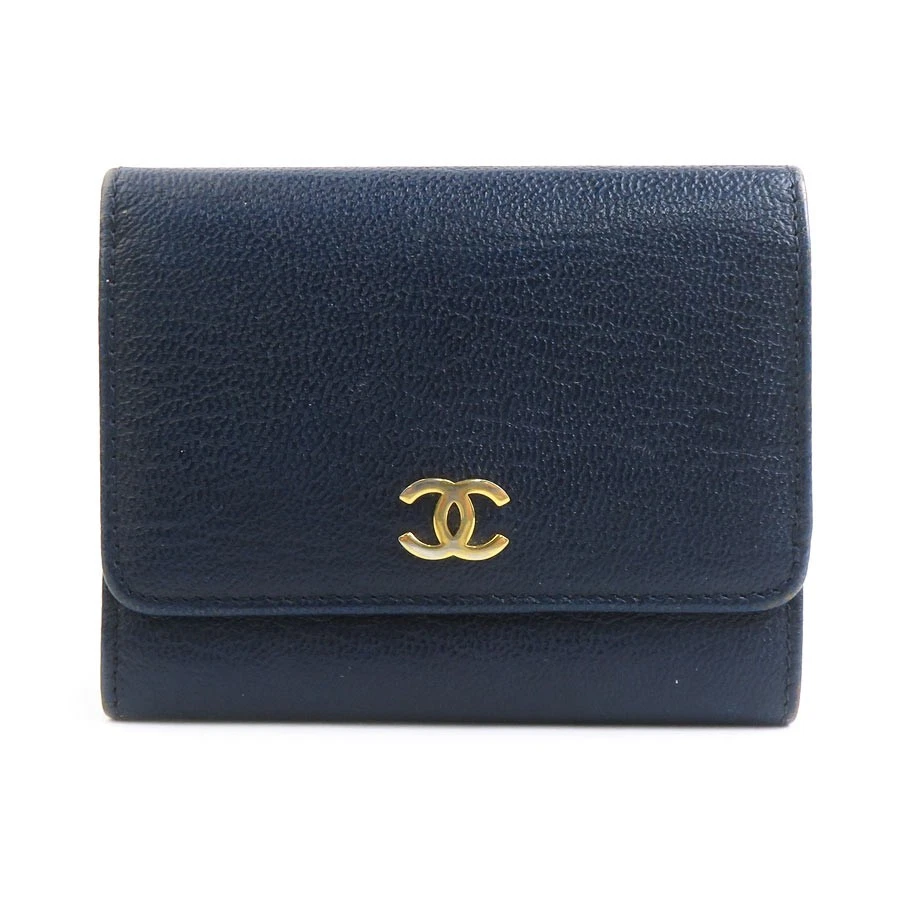 Chanel — Auth CHANEL Trifold Wallet Navy Leather/Goldtone - r10949g