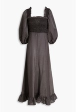 Ganni Shirred Gingham Seersucker Midi Dress Size 38 UK 12