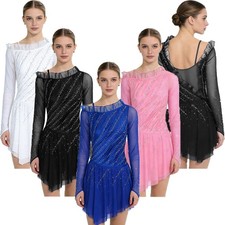 Women Lyrical Dance Costume Asymmetrical Shoulder Dancewear Ballet Dress Shiny