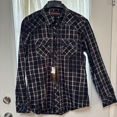NWT Rock & Roll Cowboy Men s L Navy Plaid Western Shirt Snap Closure 100% Cotton