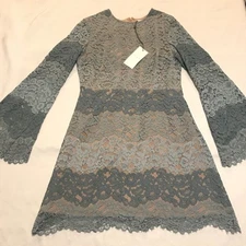 Wayf Dream Lover Blue Lace Striped Bell Sleeve Skater Dress Size M