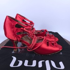 Burju Ballroom Dance Shoes Women's 9 Alemana Red Satin Open Toe Lace Up Heels