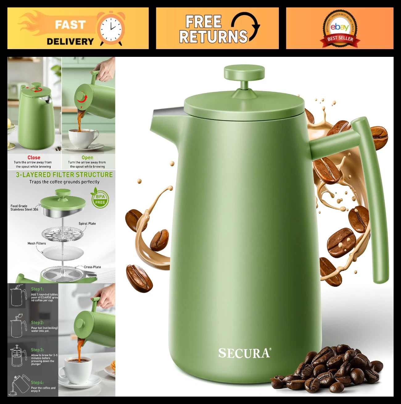 50oz Stainless Steel French Press Coffee Maker - Insulated, Extra Filter, Green
