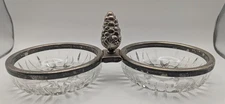 Vintage Cut Glass Double Relish Dish w/ Silver Plated Grape Handle - Candy Nuts