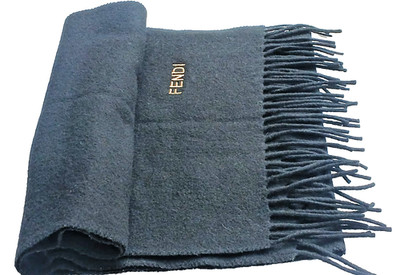 Fendi Schwarz Wolle Schalldämpfer Schal Gold Logo Fransen Vintage Made In Italy