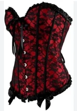 Womens M Red & Black Lace Corset Bustier Top Fairy Goth Grunge Festival Metal