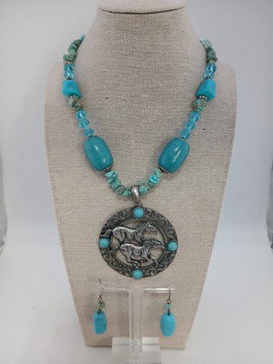 U & I  silvertone natural & faux stones equestrian design necklace earrings set 