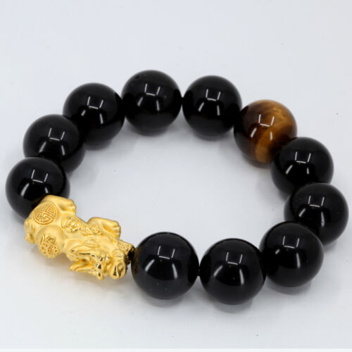 24K Solid Yellow Gold Pi Xiu 貔貅 Lucky Wealth Black Obsidian Bracelet 3.9 Grams - Picture 3 of 4