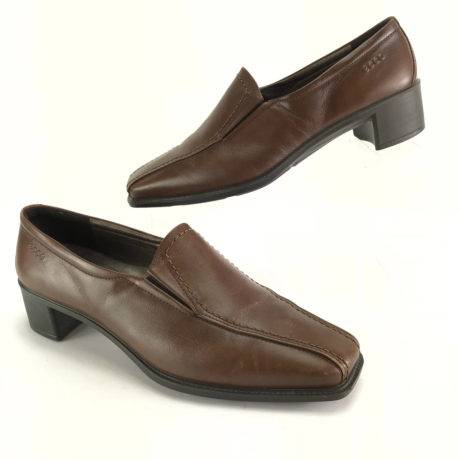 Scarpe da donna ECCO 37 US 6 5 mocassini in pelle marrone punta quadrata bicicletta tacco carriera