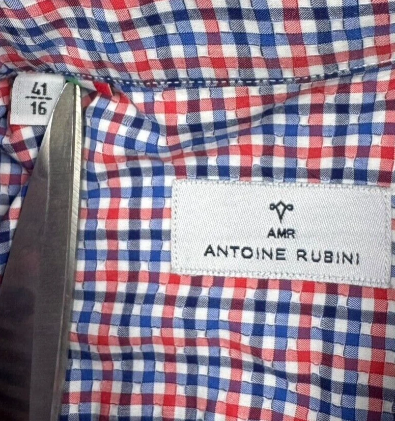 Antoine Runbini Мужская Seersucker L/S рубашка красный/синий чек • Италия • размер 16 - Изображение 3 из 4