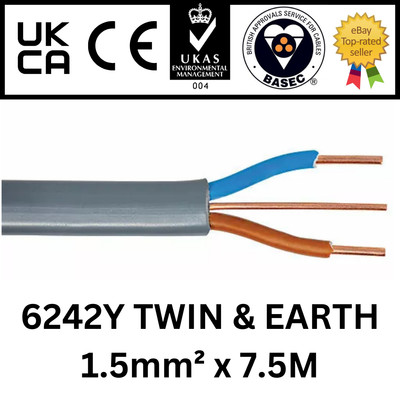 1,5 mm x 7,5 m Zwillings- und Erdkabel Elektrokabel 6242 Y Beleuchtungskreisleitung grau UK