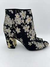 Nine West Brocade Open Peep Toe Bootie Heels 9.5 Zip Up Dress Black Gold Silver