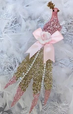 Shabby Victorian Chic Pink Roses Peacock Glitter Feather Bird Christmas Ornament