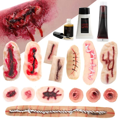 SFX CICATRIZ FALSO REALISTA ZOMBIE HERIDA CONJUNTOS DISFRAZ HALLOWEEN LÁTEX GOMA LOTE - Imagen 1 de 4