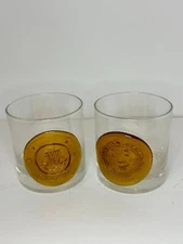 2 Wheaton Nuline Double Old Fashion w/Applied Medallions Glasses 3.5" amber