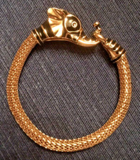 Elephant Head  Gold Tone Stretch Coil Bracelet - Black Enamel, Rhinestone